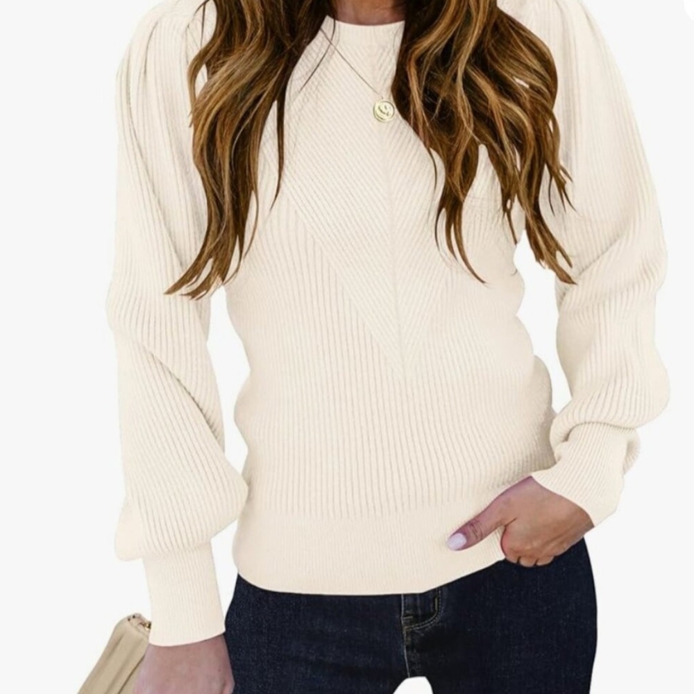 Classic Cream Crew Neck Ribbed Sweater